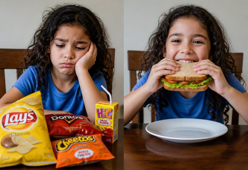 Niña sin ganas frente a paquetes de papitas y la misma niña feliz comiendo un sándwich saludable